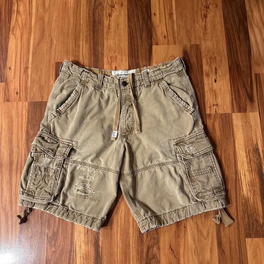 Abercrombie & Fitch Mens Paratrooper Khaki Cargo Shorts Y2K 36 Distressed Tan